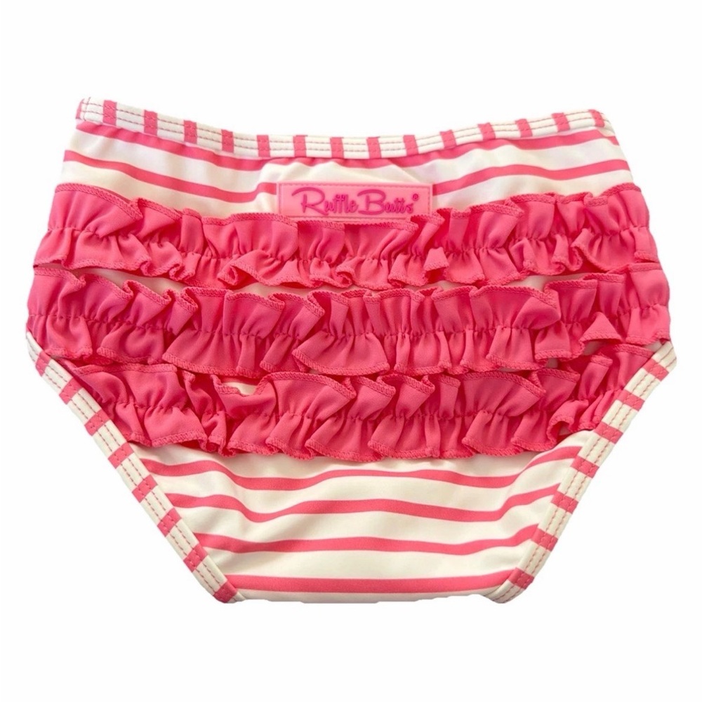 Ruffle Butts Pink and White Striped Ruffle Swim Diaper Cover